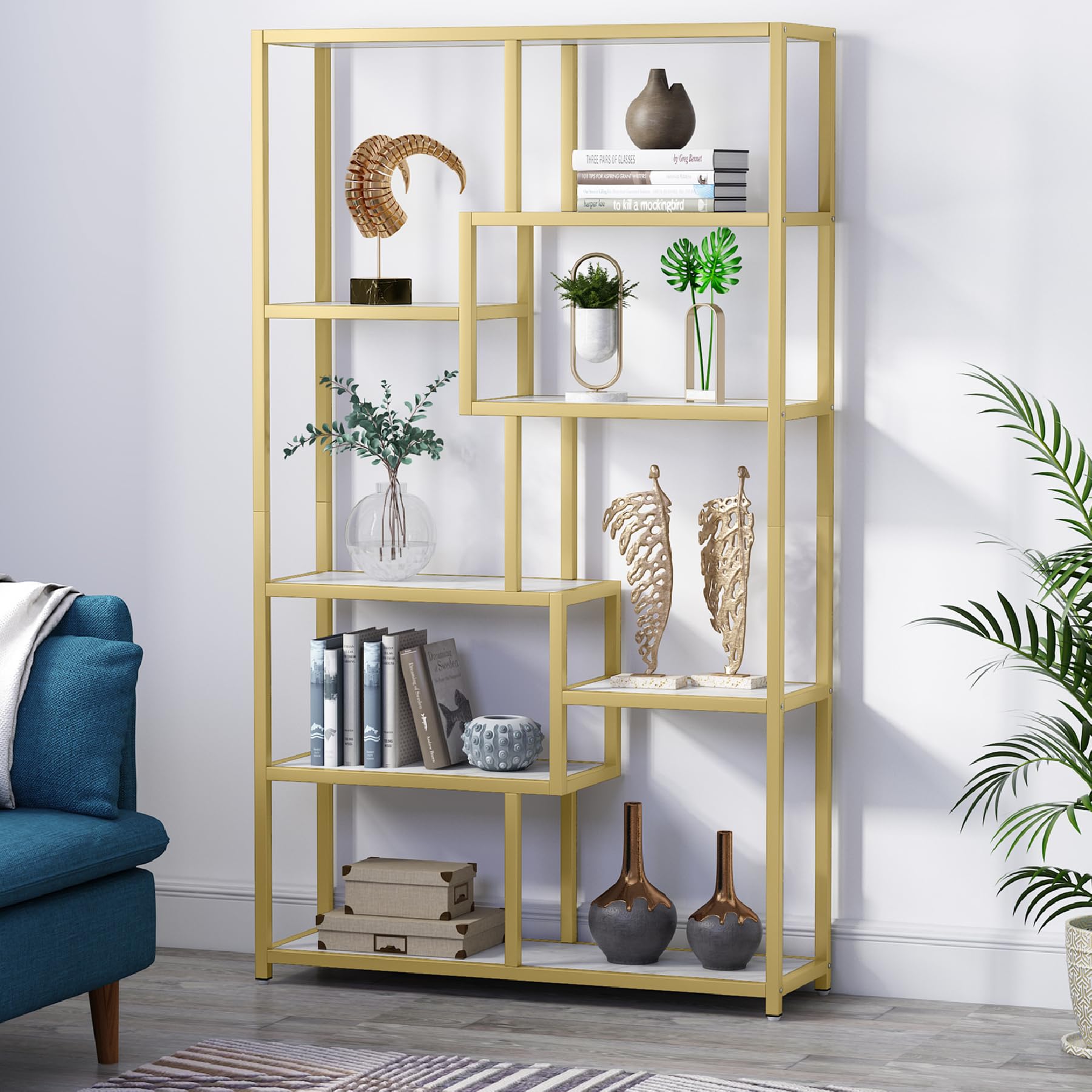 Tribesigns 8-Tier Gold Bookcase with Faux Marble - Modern Open Shelf Book Shelf for Home Office, Living Room & Bedroom - Stylish Storage Organizer for Books, Decor & Display Items