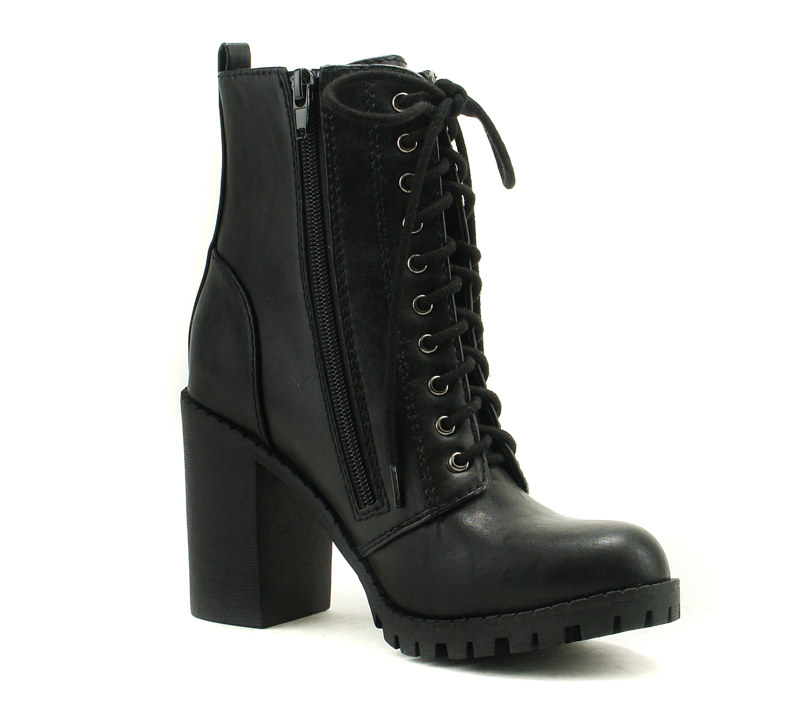 Soda Women's Malia Combat Boots - Black, Size 5.5 | Chunky Heel Ankle Booties for Women | Stylish & Comfortable for Fall, Winter & Casual Outfits
