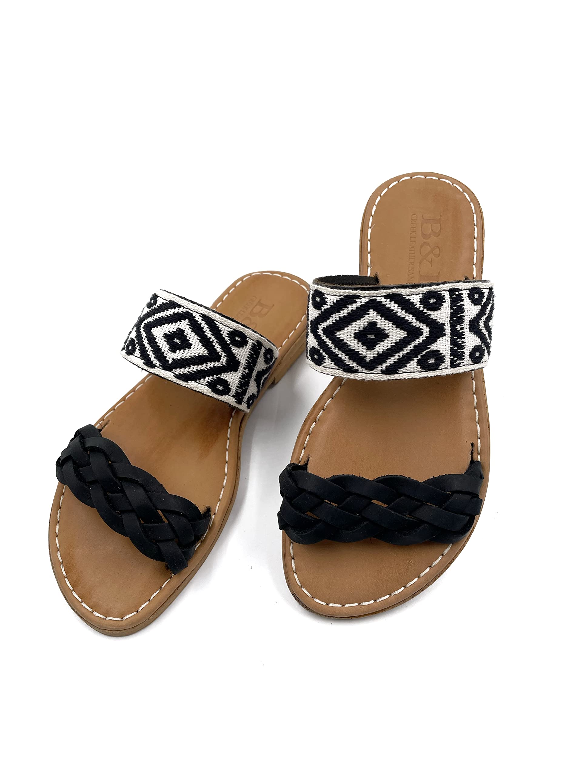 Handmade Boho Sandals for Women - 100% Genuine Leather Black & White Bohemian Sandals | Comfortable Summer Beach Wedding Vacation Shoes