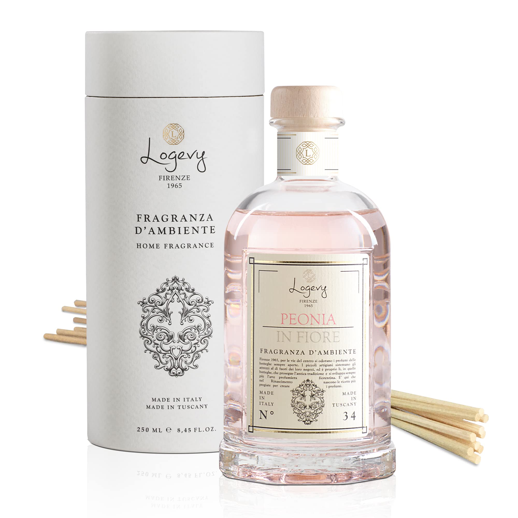 Luxury Peony in Bloom Home Fragrance Diffuser - 250ml Italian Floral Scented Reed Diffuser with 10 Natural Bamboo Reeds in Elegant Glass Bottle | Sweet Floral Aroma for Living Room, Bedroom & Office Decor