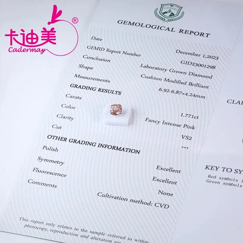 CaderMAY Cushion-Cut EX CVD Lab-Grown Diamond - Intense Pink Color, VS2 Clarity - Loose Gemstone for Jewelry Making | Engagement Rings, Earrings & Custom Designs