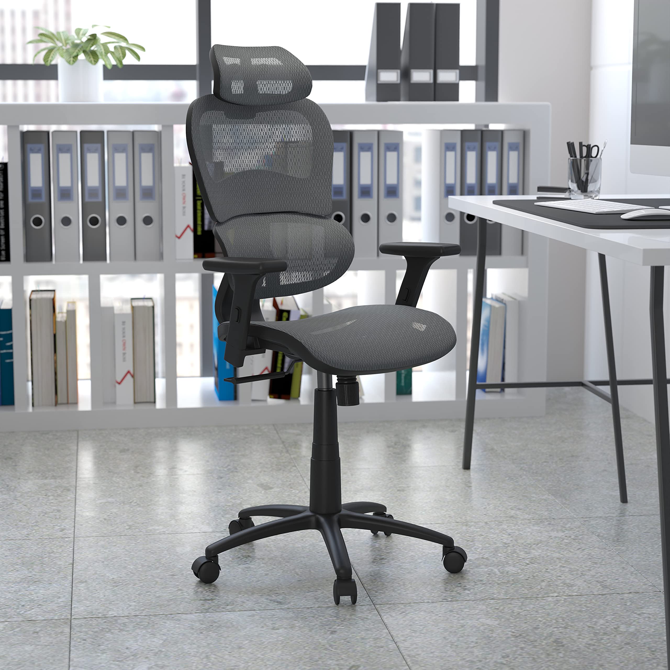 Ergonomic Gray Mesh Office Chair with Synchro-Tilt, Adjustable Headrest & Pivot Arms - Perfect for Home Office, Gaming & Workspace Comfort
