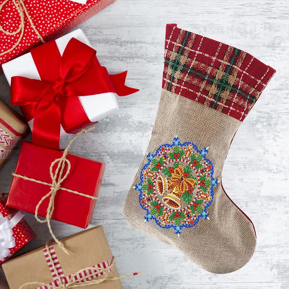 5D Diamond Painting Christmas Stockings Kit - DIY 14 Inch Holiday Bell & Candy Bag for Fireplace Decor - Perfect for Family Christmas Party, Home Decoration & Gift Giving