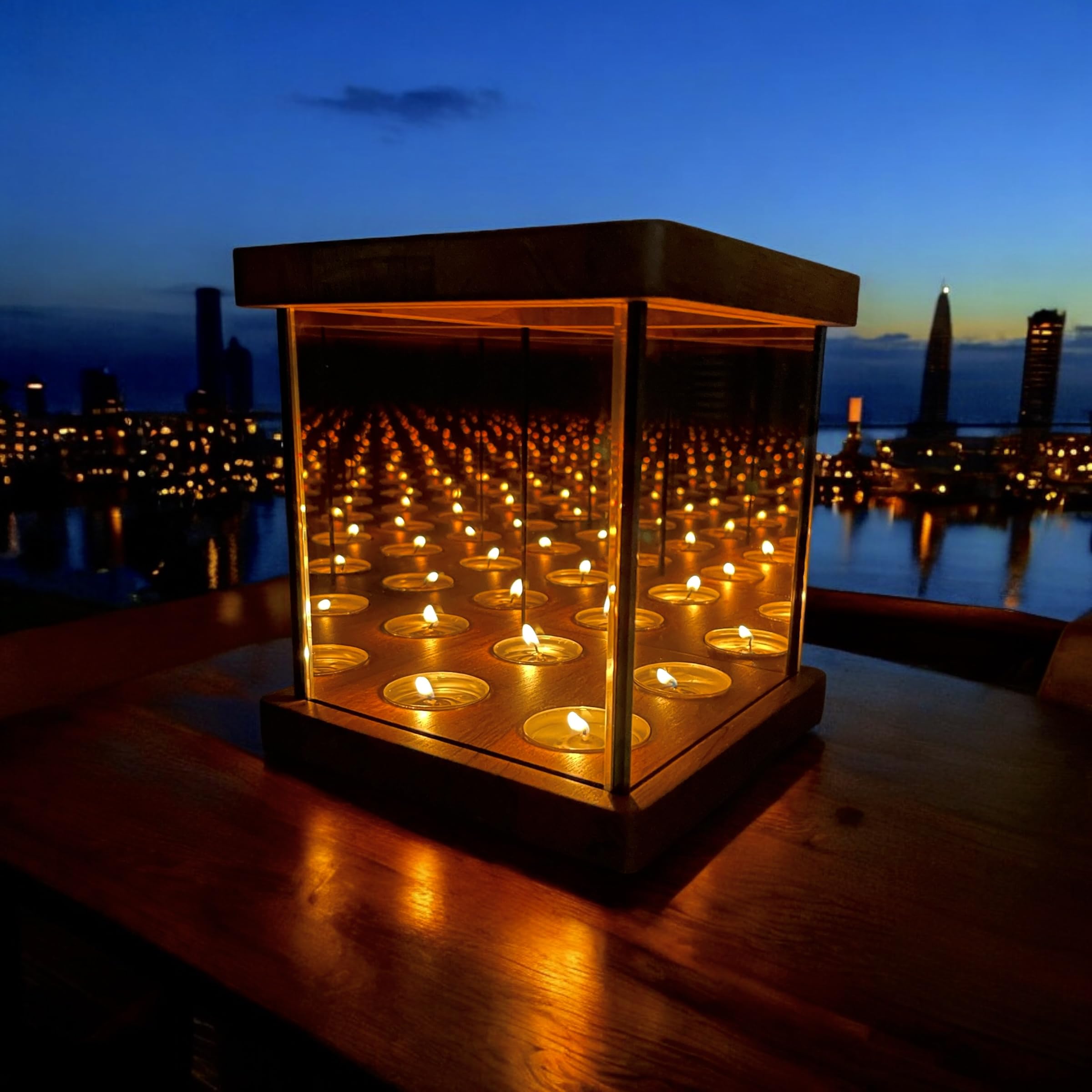Infinity Mirror Tea Light Holder - Glass Hurricane Candle Holder with Wood Base | Unique Infinity Cube Night Light for Table Decor, Wedding Gifts, Bedroom Lighting & Rustic Home Decor | Perfect for Romantic Dinners, Spa Relaxation & Holiday Centerpieces