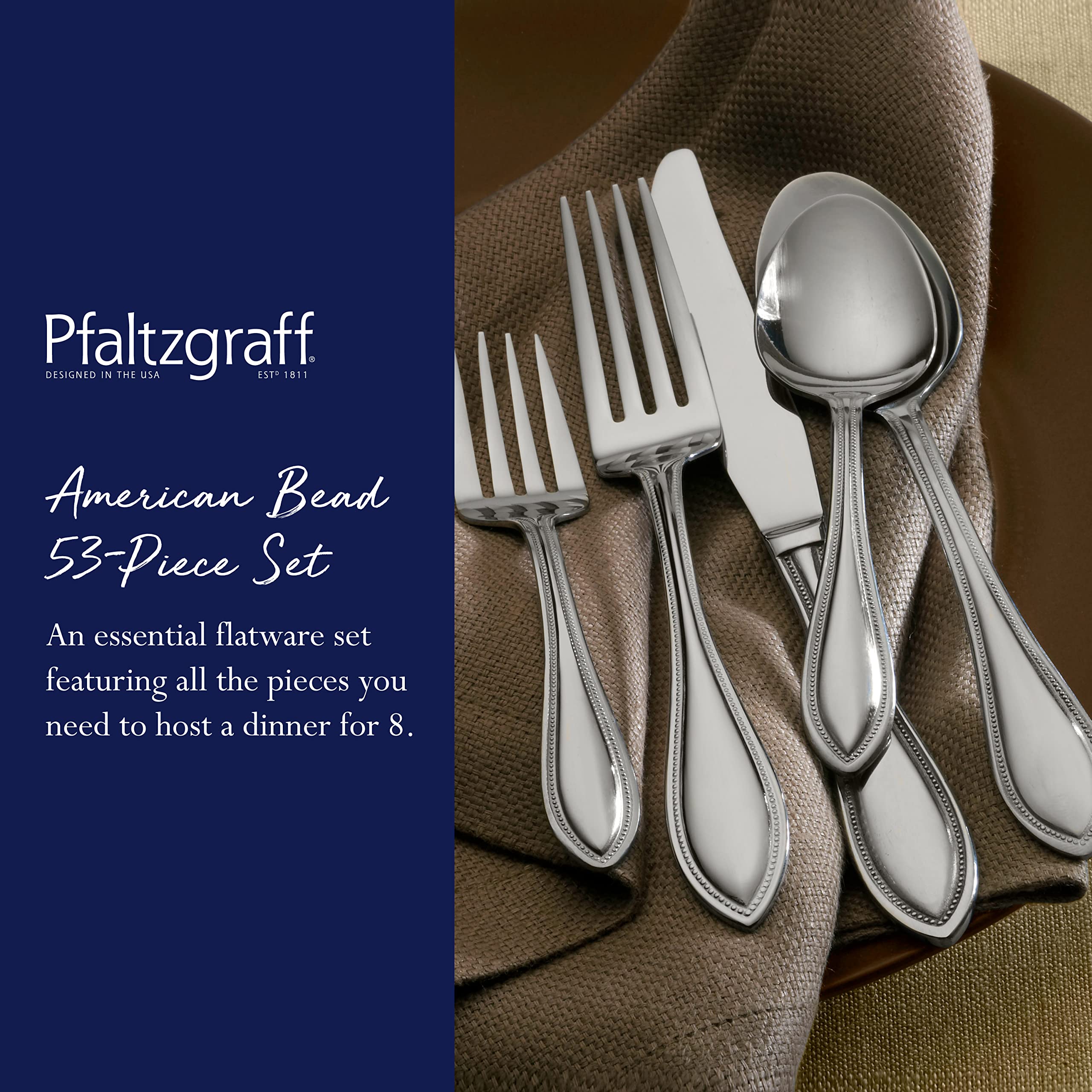Pfaltzgraff American Bead 53-Piece Stainless Steel Flatware Set with Serving Utensils & Steak Knives - 8-Person Dinnerware Set in Silver for Formal Dining, Holiday Entertaining & Wedding Registry