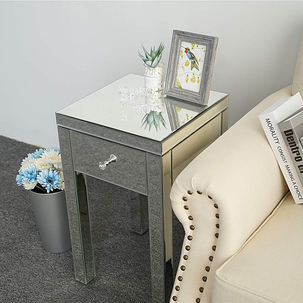 Goujxcy Modern Mirrored End Table with Drawer - Silver Finish Accent Nightstand for Bedroom, Living Room & Office | Stylish Bedside Table with Storage Space