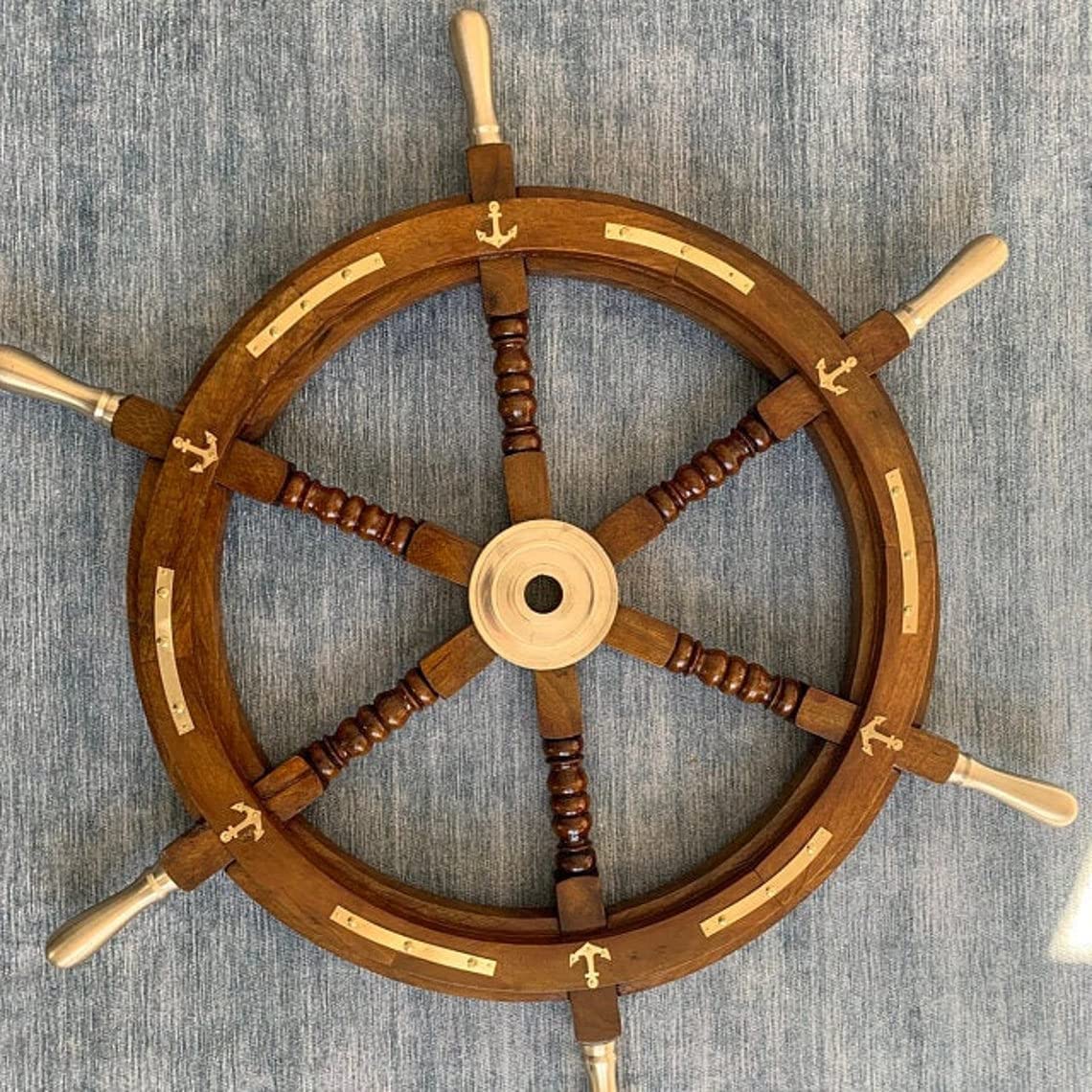 30 Inch Nautical Wood & Brass Decorative Ship Wheel - Rustic Wall Hanging Ornament for Living Room, Office, or Marine-Themed Decor | Perfect for Coastal Home Decor, Beach House Accents, and Captain's Quarters Style