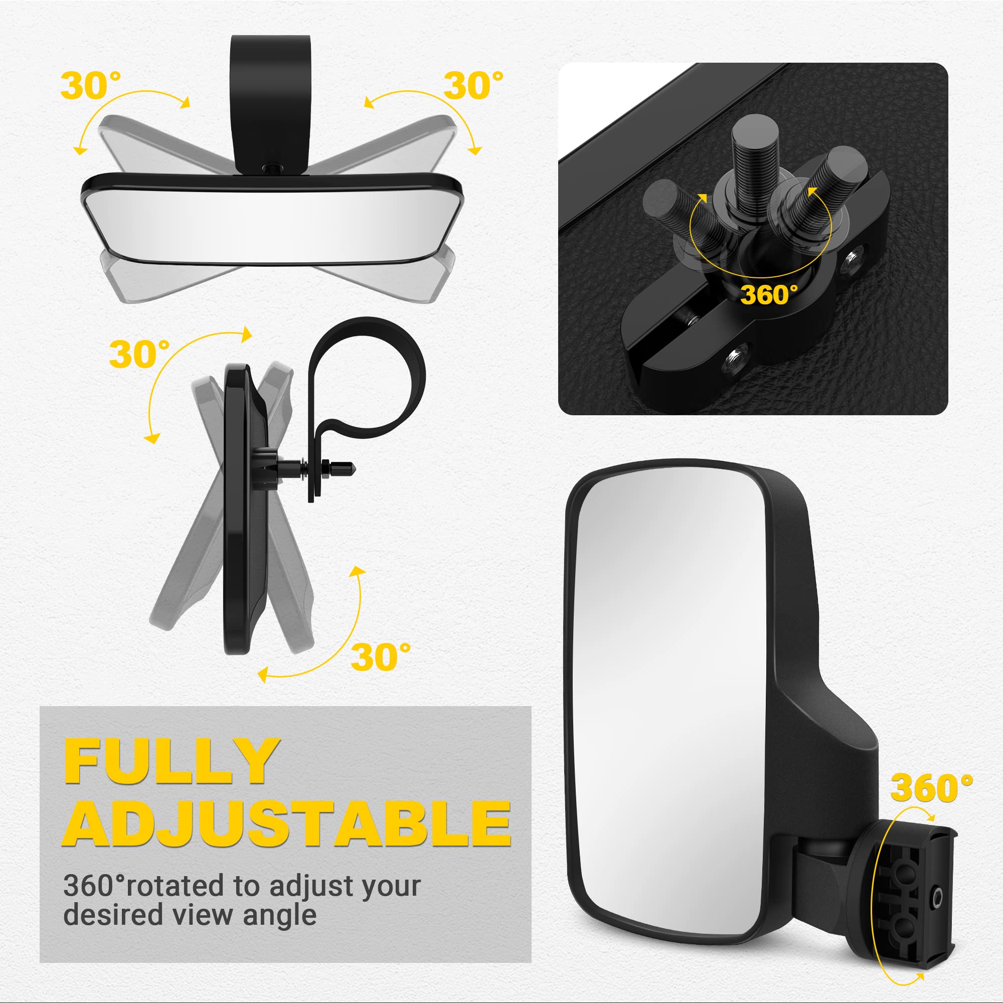 BUMBEE UTV Side Mirrors and Center Mirror - Adjustable Rearview Mirrors for 1.6-2