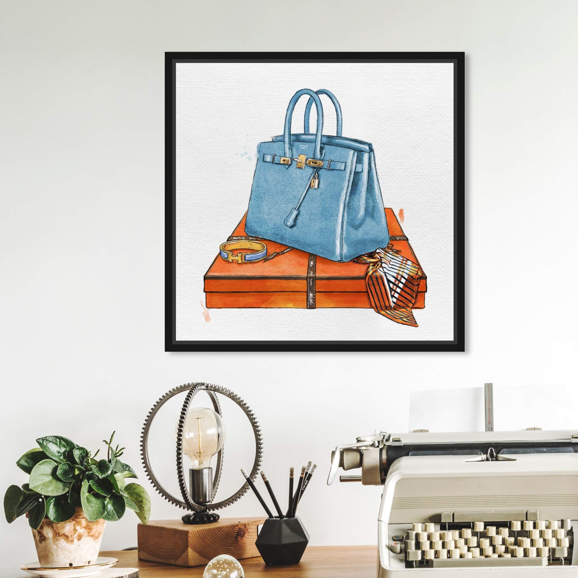 Oliver Gal Artist Co. 'My Bag Collection III' Handbag Wall Art - 12x12 Inch Fashion & Glam Framed Canvas Print in Blue & Orange - Perfect for Living Room, Bedroom or Office Décor