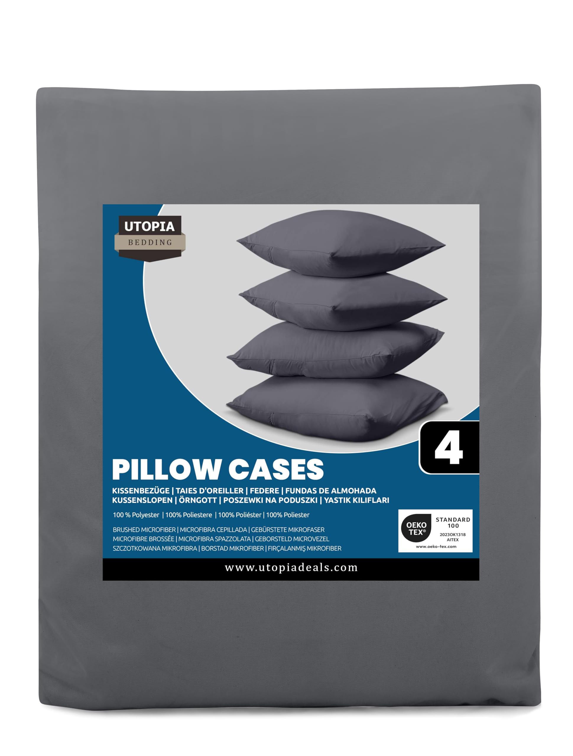 Utopia Bedding 4 Pack Standard Pillow Cases 20x30 Inches (50x75 cm) - 100% Brushed Microfiber Pillow Covers with Envelope Closure - Wrinkle, Fade & Stain Resistant - Grey - Perfect for Home, Hotel & Guest Room Use
