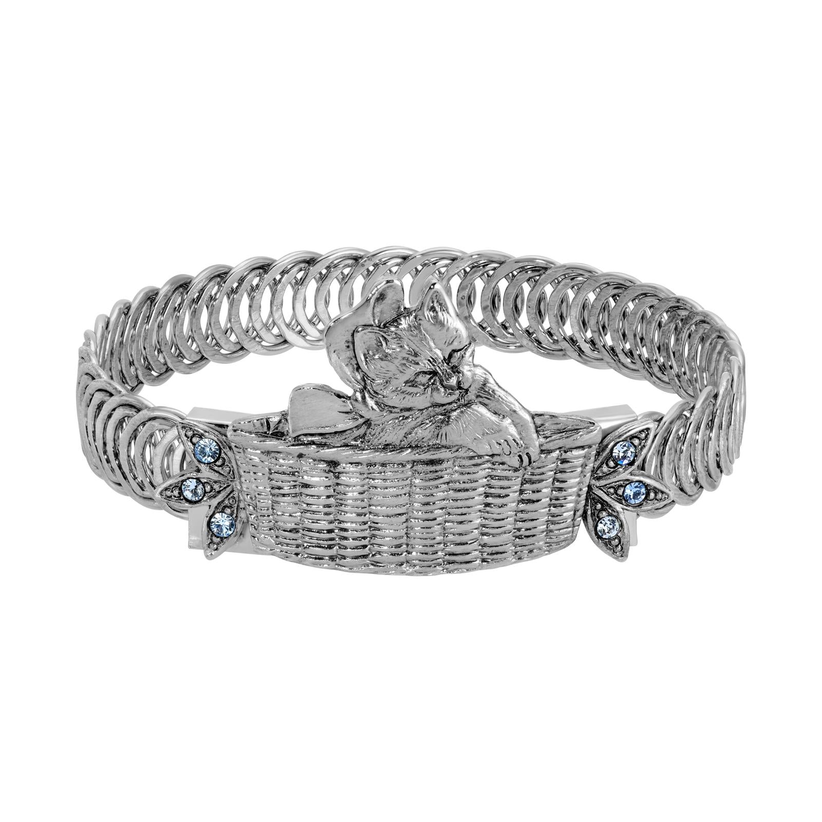 1928 Jewelry Bowtie Kitten in a Basket Pink Crystal Belt Bracelet - Elegant Fashion Accessory for Women, Perfect for Parties, Weddings & Special Occasions