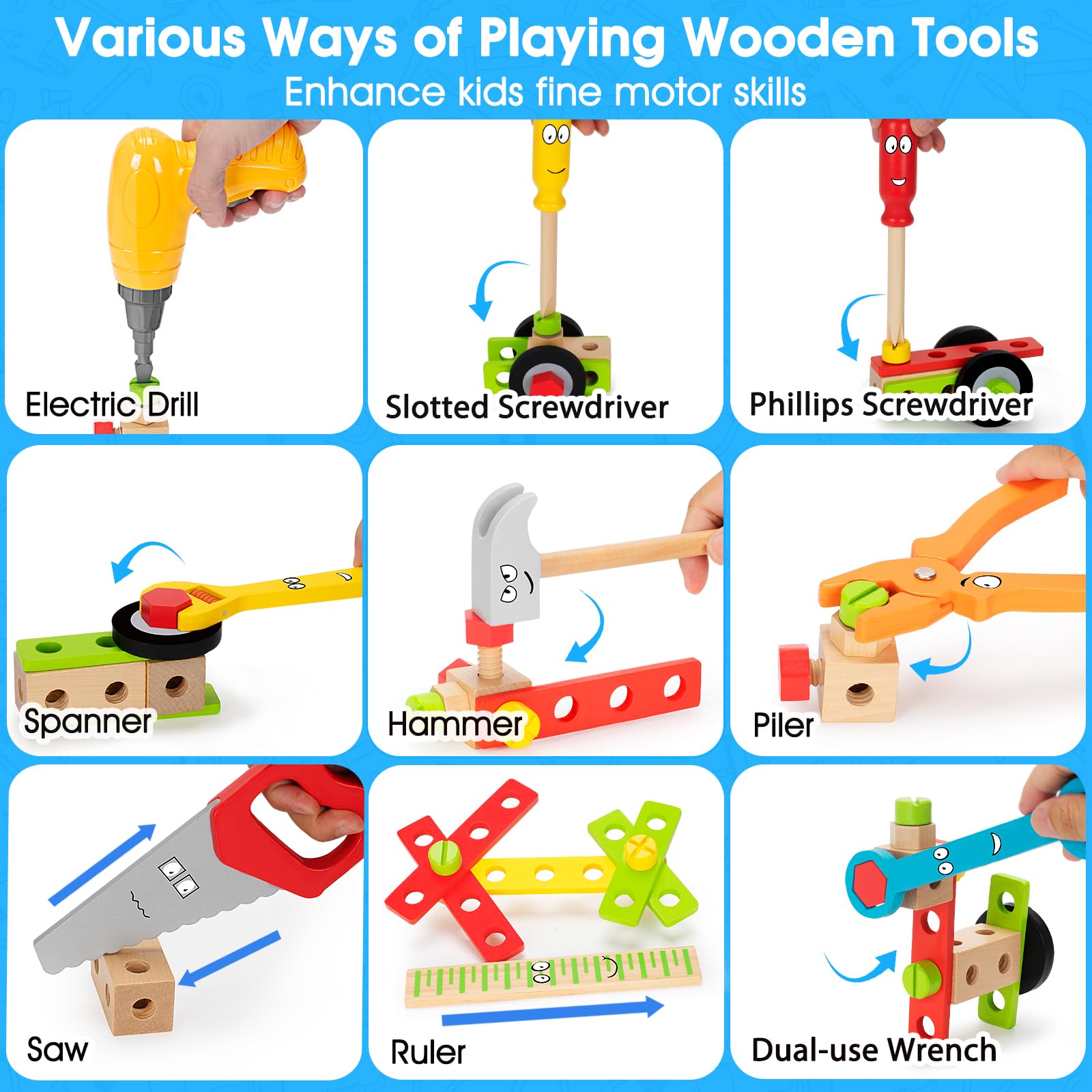 **44-Piece Wooden Kids Tool Set with Drill - STEM Montessori Educational Construction Toy for Boys & Girls Ages 3-5 - Pretend Play, DIY Projects & Early Learning Development**