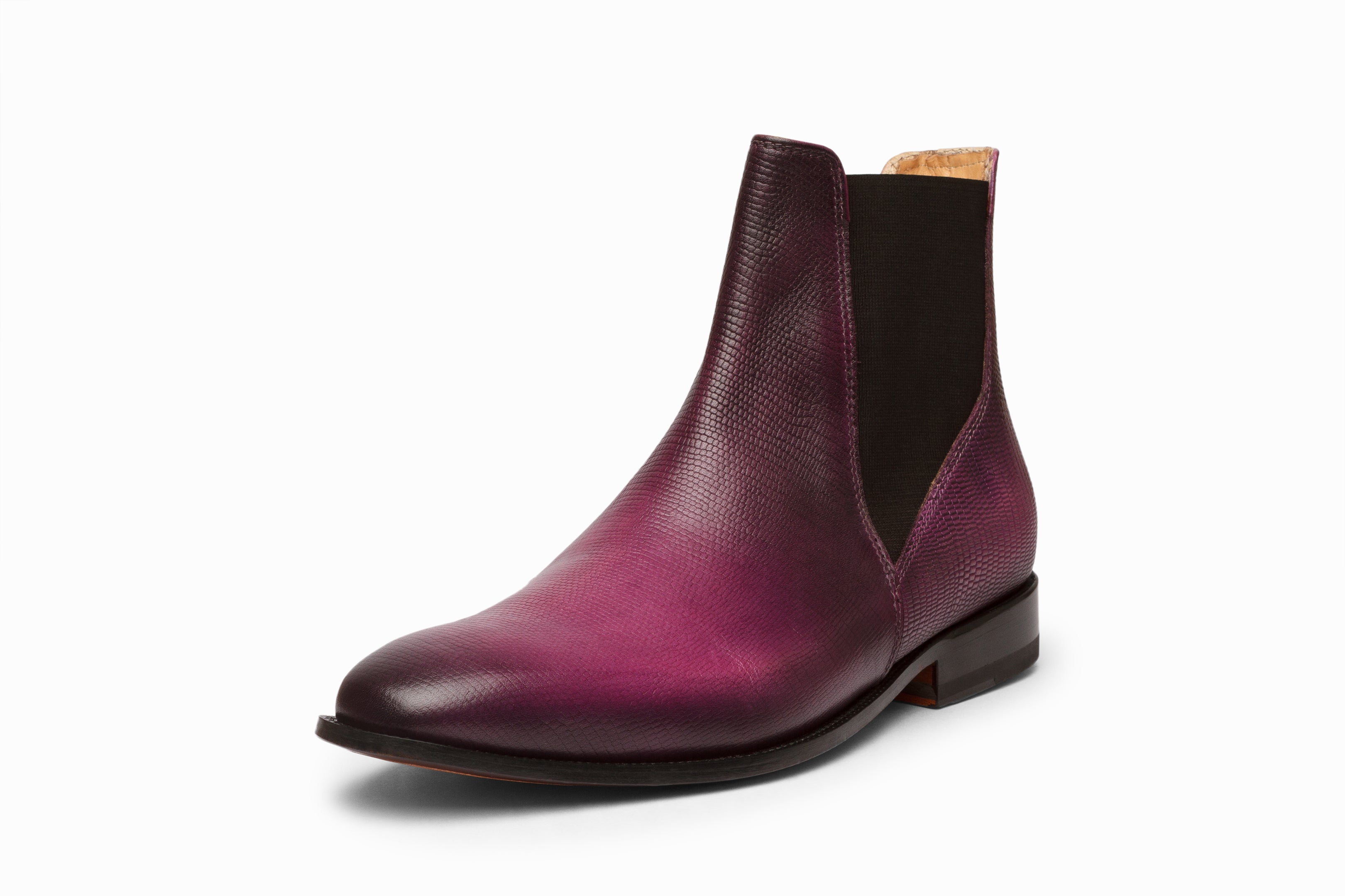 Lizard Skin Print Chelsea Boots for Women - Stylish Purple Patina Ankle Boots for Casual Outfits & Night Out