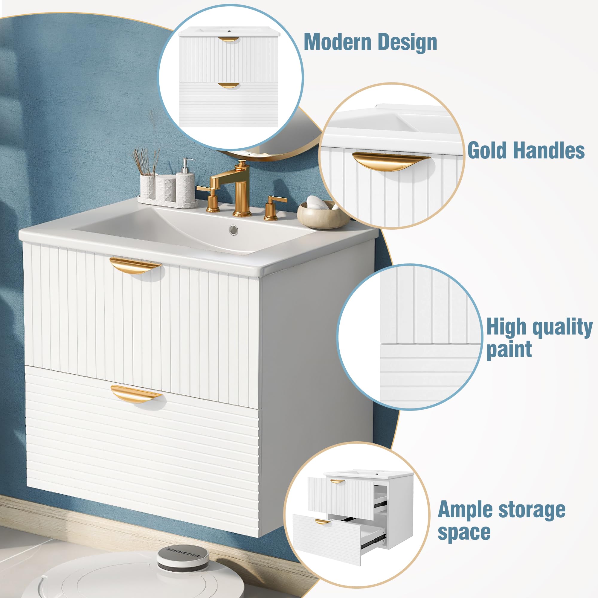 Polibi Modern 24-Inch Floating Wall-Mounted Bathroom Vanity with 2 Drawers & Top Sink - Space-Saving Storage Solution for Small Bathrooms, Powder Rooms & Apartments