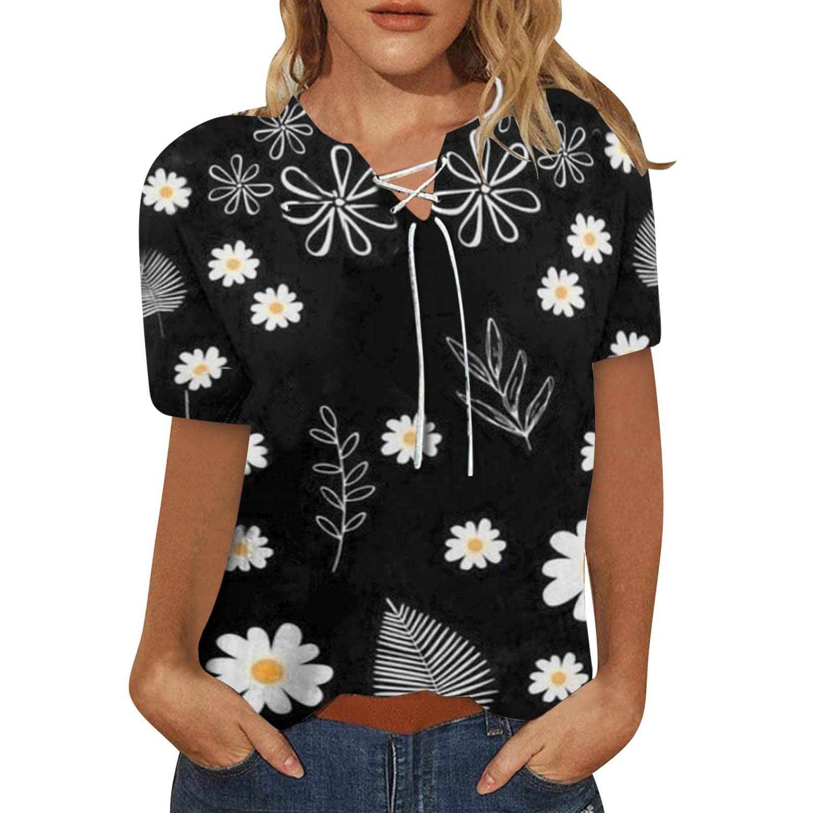 iOPQO Women's Casual Short Sleeve Blouse - Lace Up V Neck Printed Summer Top Tee Shirt (Black, Size S) | Perfect for Beach Outings, Date Nights & Summer Fashion