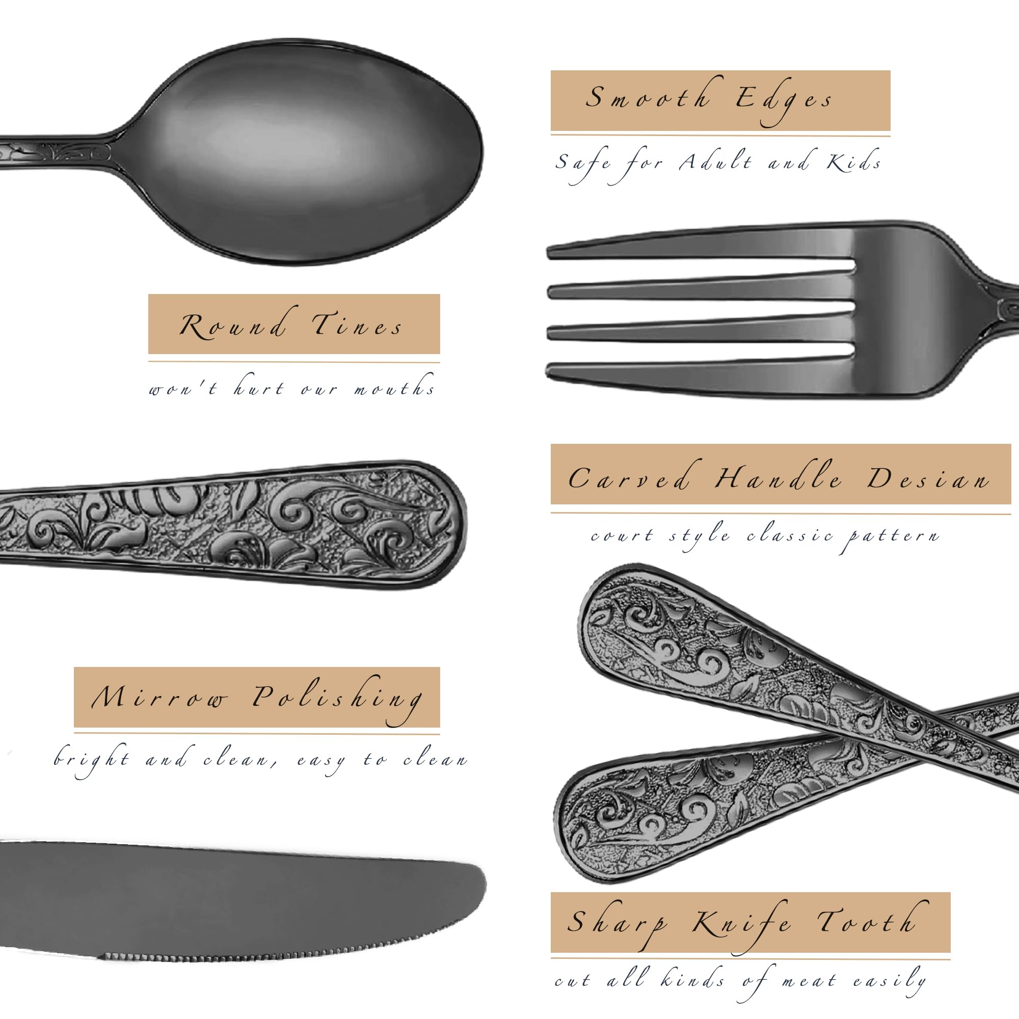 Vintage Carved Black Stainless Steel 20-Piece Flatware Set - Modern Embossed Cutlery Utensils with Forks, Spoons & Knives - Elegant Dinnerware for Restaurants, Weddings & Home Dining