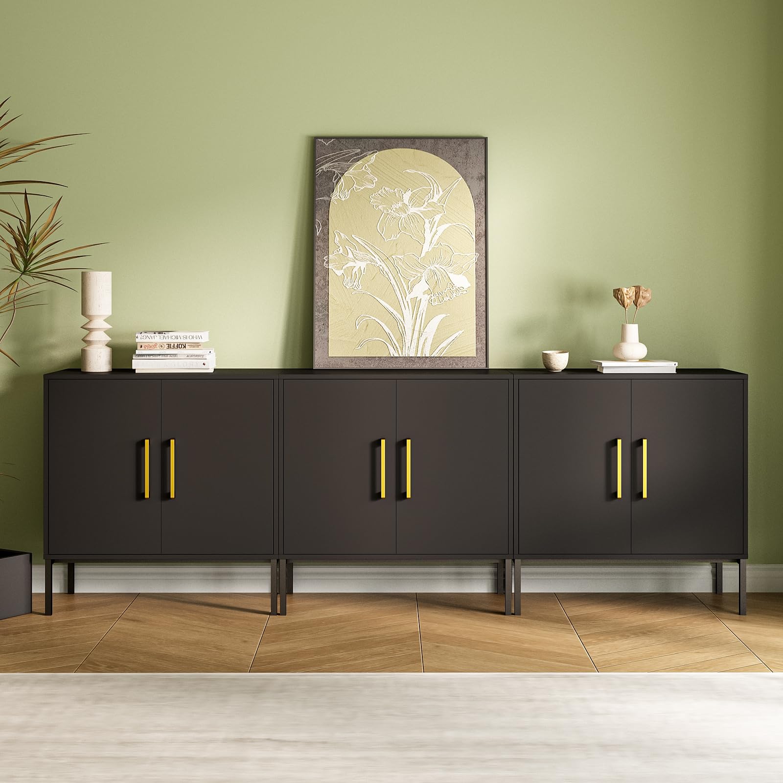 JOZZBY 3-Piece Storage Cabinet Set - Freestanding Double Door Sideboard, Modern Wooden Sideboard for Bedroom, Living Room, Kitchen, Office & Hallway - Perfect for Home Organization & Stylish Storage Solutions