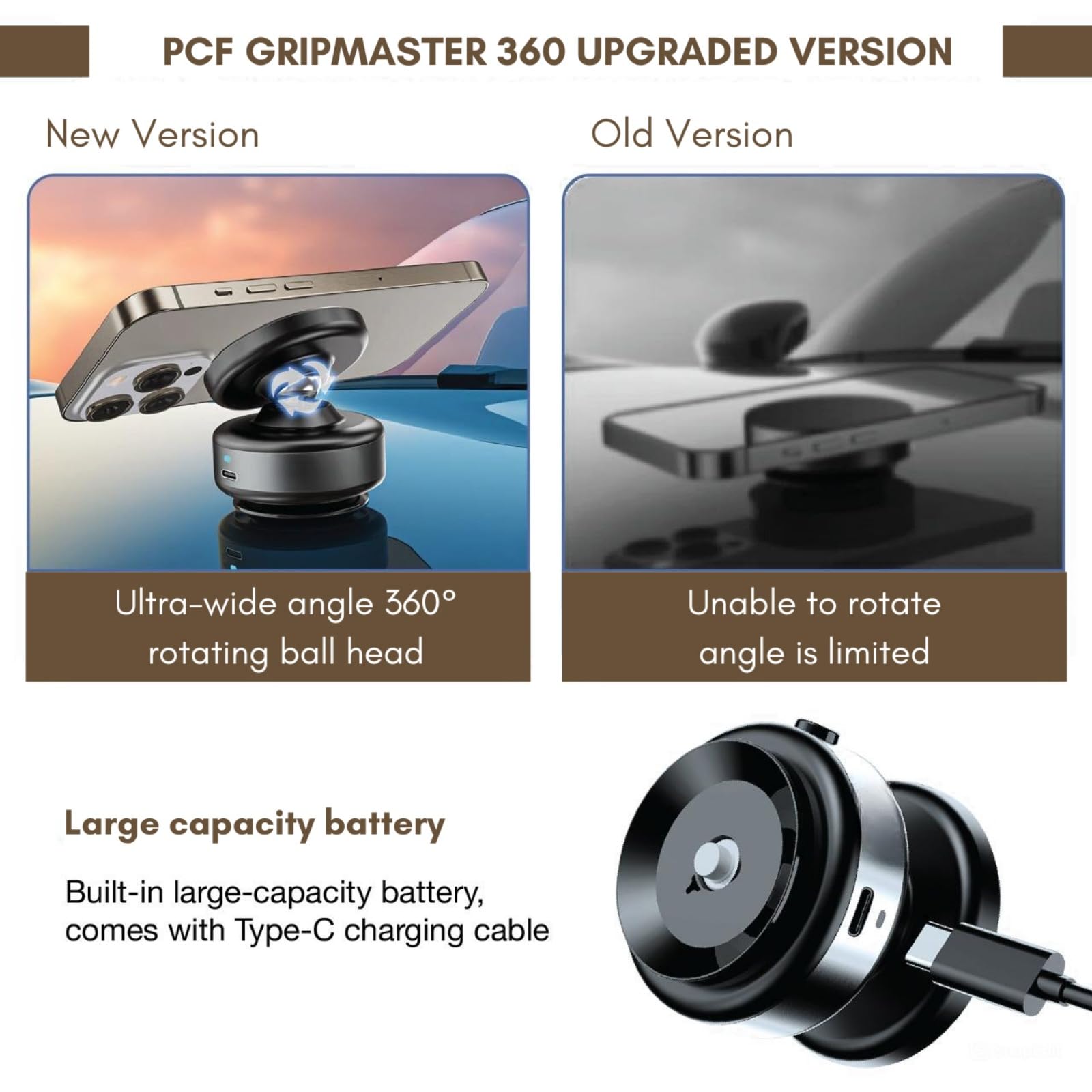 360° Magnetic Phone Holder for Car - Strong Vacuum Suction Cup & Glass/Mirror Mount, 360° Rotation Adjustable Phone Stand (Silver) - Perfect for GPS Navigation, Hands-Free Calling & Road Trips