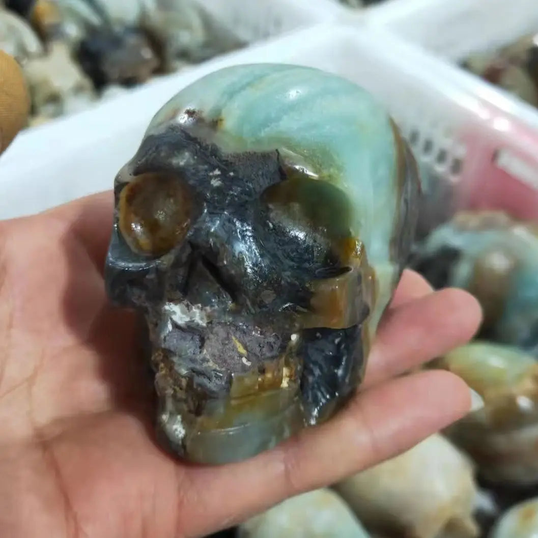 Natural Sky Blue Calcite Quartz Crystal Hand Carved Skull - 500-700g Healing Stone for Reiki, Meditation & Home Decor - Unique Spiritual Decor for Altars, Offices & Gift Giving