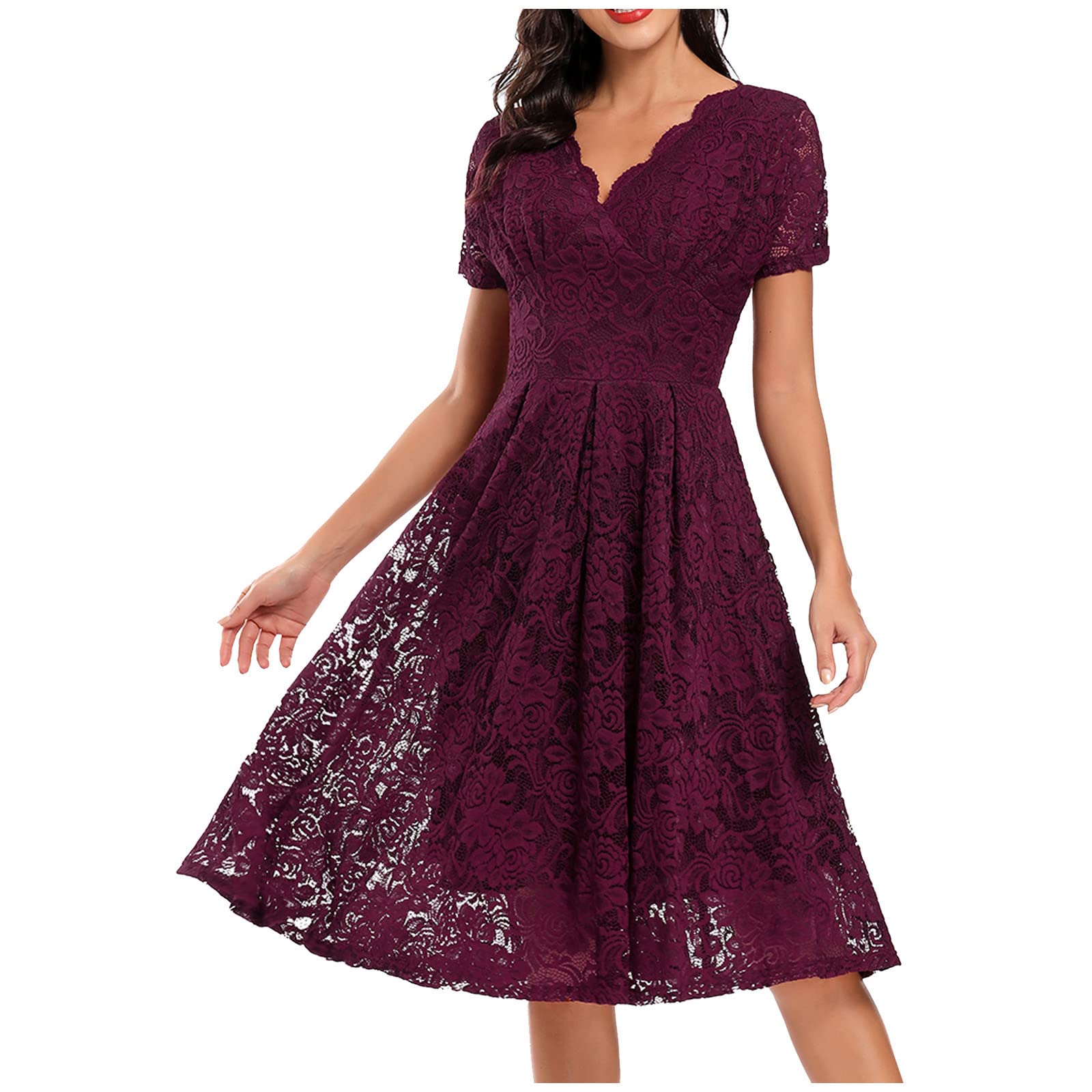 Elegant V-Neck Short Sleeve Lace Cocktail Dress for Women - Wedding Guest, Party, Formal Occasions | Swing Midi Dress for Special Events & Evening Gatherings