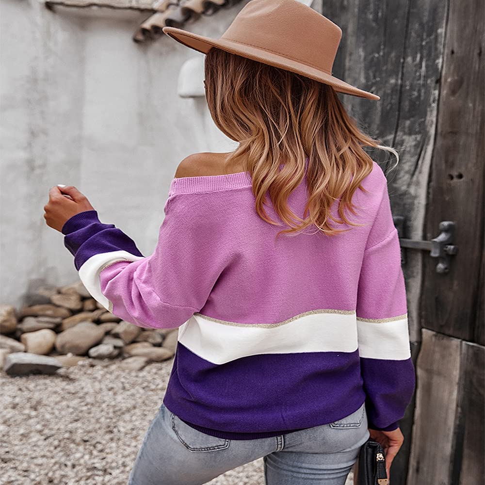 Women's Casual Knit Long Sleeve V-Neck Color Block Stripe Pullover Sweater Shirt Tunic - Comfortable Fall & Winter Layering Top for Work, Date Night and Weekend Outfits