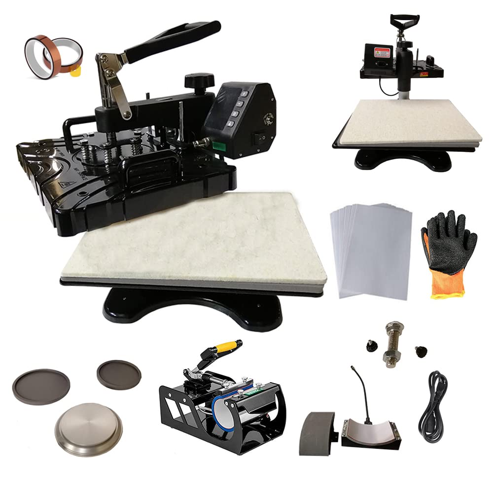 INTBUYING 5-in-1 Heat Press Machine for T-Shirts, Mugs & Hats - 11.4x15 Inch Multifunction Combo with 360° Swing Away, Includes 8