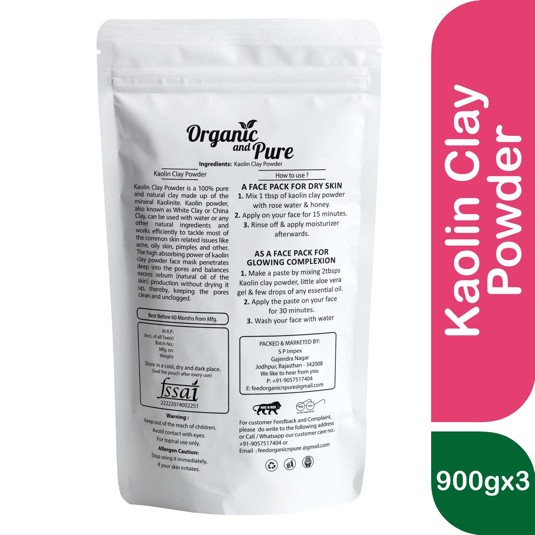 **Organic & Pure Kaolin Clay Powder for Skin Whitening, Acne Treatment & Hair Care – 2700g White China Clay for DIY Face Masks, Detox & Natural Skincare (Pouch Pack)**    **Usage:** Perfect for homemade face masks, deep cleansing, acne treatment, hair detox, and natural skincare routines.