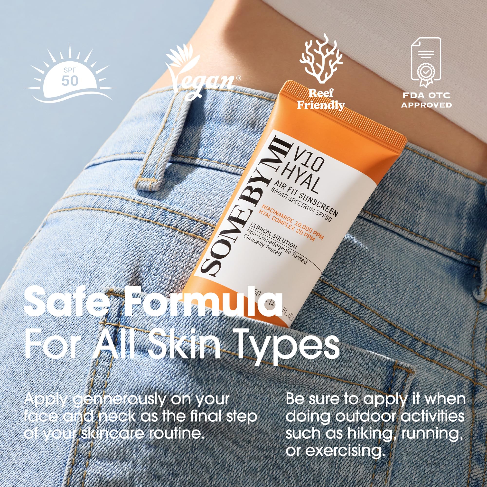 SOME BY MI V10 Hyal Air Fit Sunscreen SPF 50 - 1.69oz/50ml Travel Size Korean Sunscreen with Centella Asiatica - No White Cast, Non-Irritating for Sensitive Skin - UV Protection Face Sunscreen for Daily Use, Outdoor Activities & Travel - Korean Skincare Essential