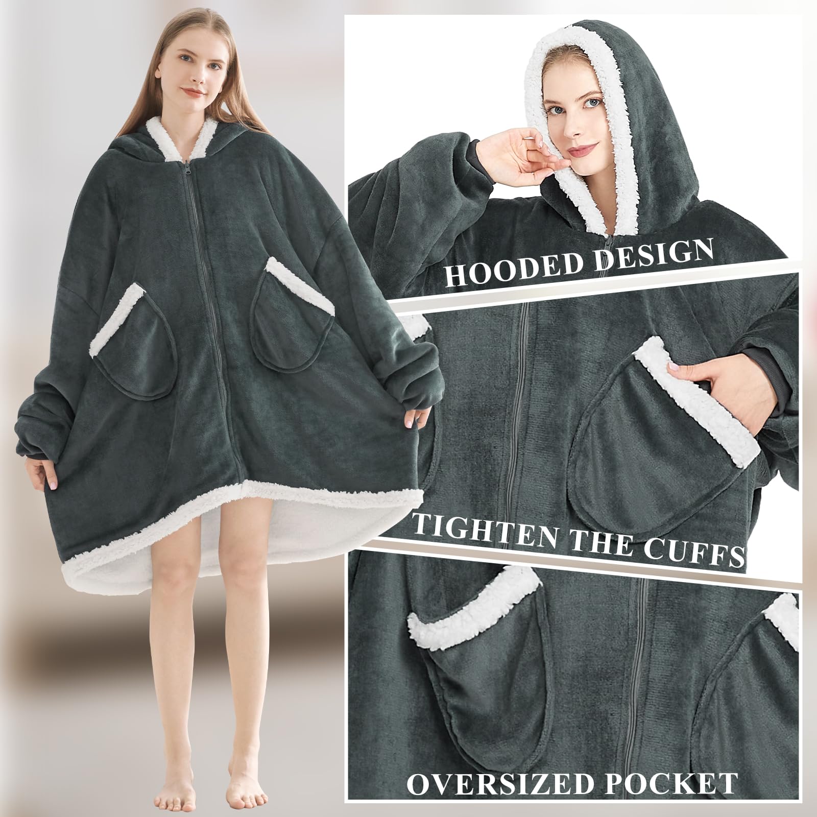 Topcee Oversized Wearable Blanket Hoodie - Sherpa Fleece Hooded Sweatshirt with Giant Pocket | Ultra Soft & Warm Winter Wear | Perfect for Lounging, Netflix Nights & Outdoor Camping (Dark Grey)