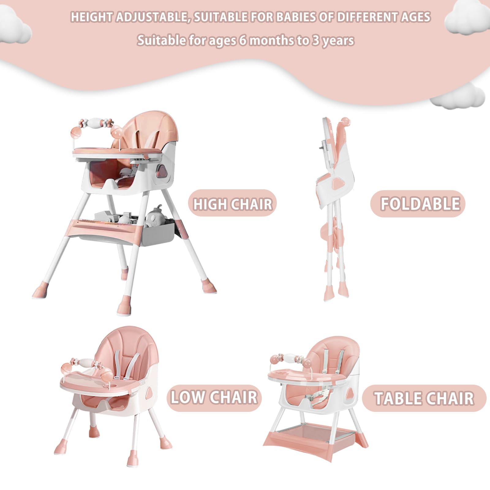 UBRAVOO 3-in-1 Foldable Baby High Chair - Convertible Portable Dining Chair with 5-Point Safety Harness, Double-Layer Tray & Toy Rack for Infants & Toddlers (Pink) - Perfect for Home, Restaurant & Travel Use