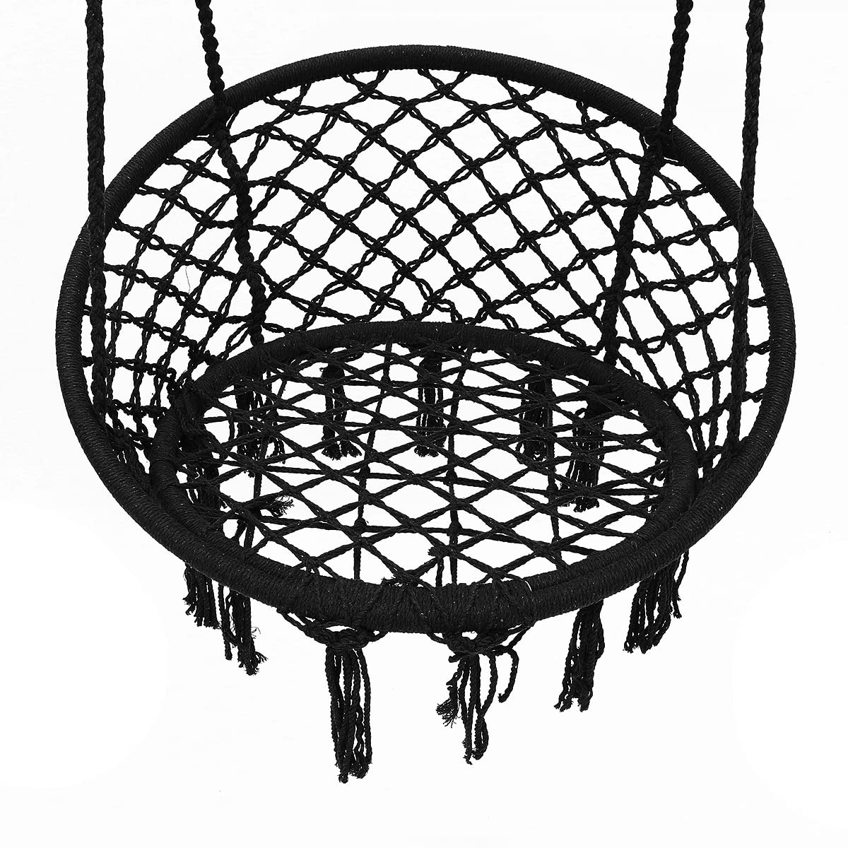 Bohemian Macrame Hammock Chair Swing Set of 2 - Handmade Cotton Rope Hanging Chair with Tassels for Indoor & Outdoor Use - Supports 330 lbs (Black) - Perfect for Bedroom, Patio, Garden Relaxation & Boho Decor