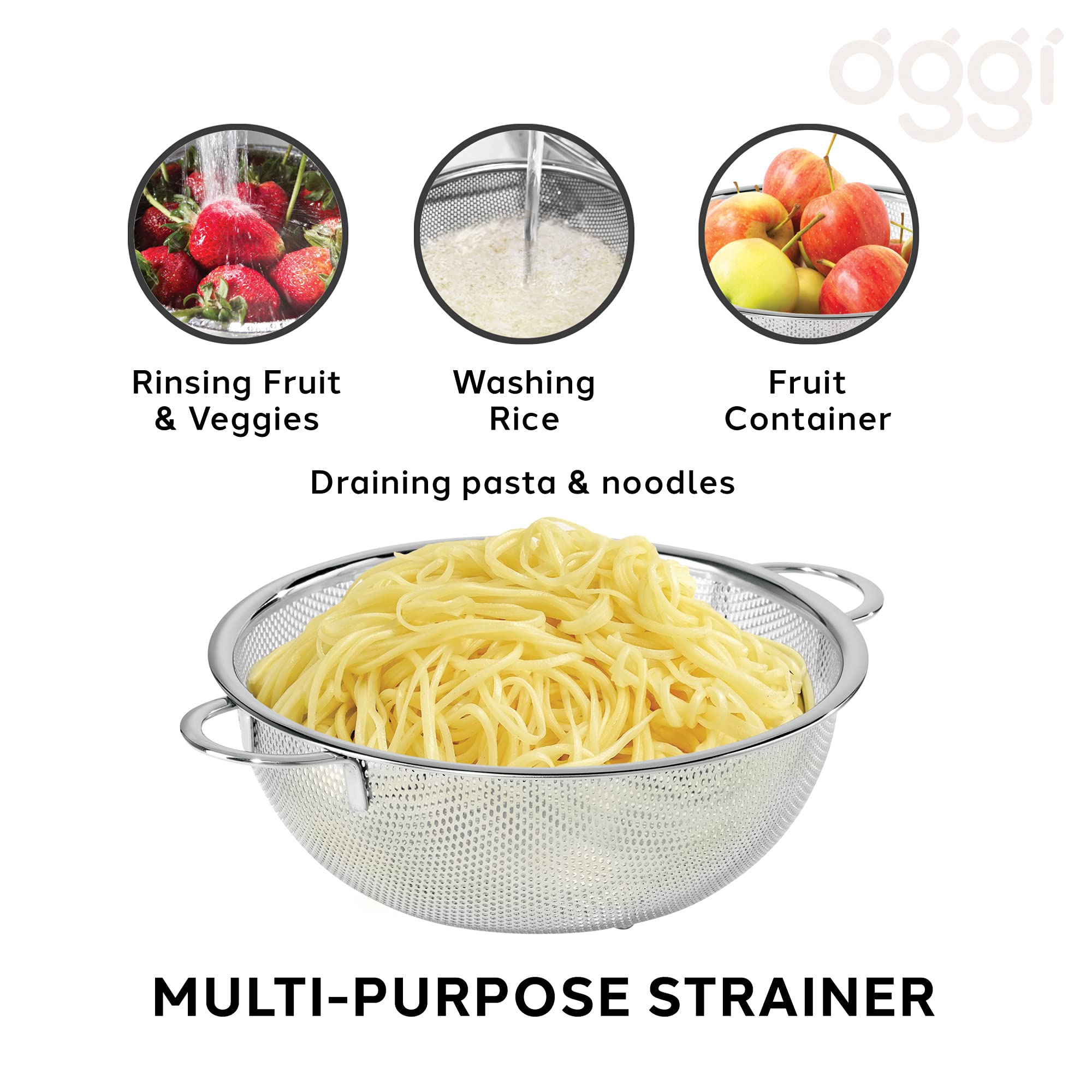 OGGI 2-Quart Stainless Steel Colander with Precision Perforations - Fast Draining, Large Capacity & Rust Resistant - Perfect for Pasta, Rice, Beans, Fruits, Vegetables & Salads - Ideal for Kitchen, Cooking, Meal Prep & Healthy Eating