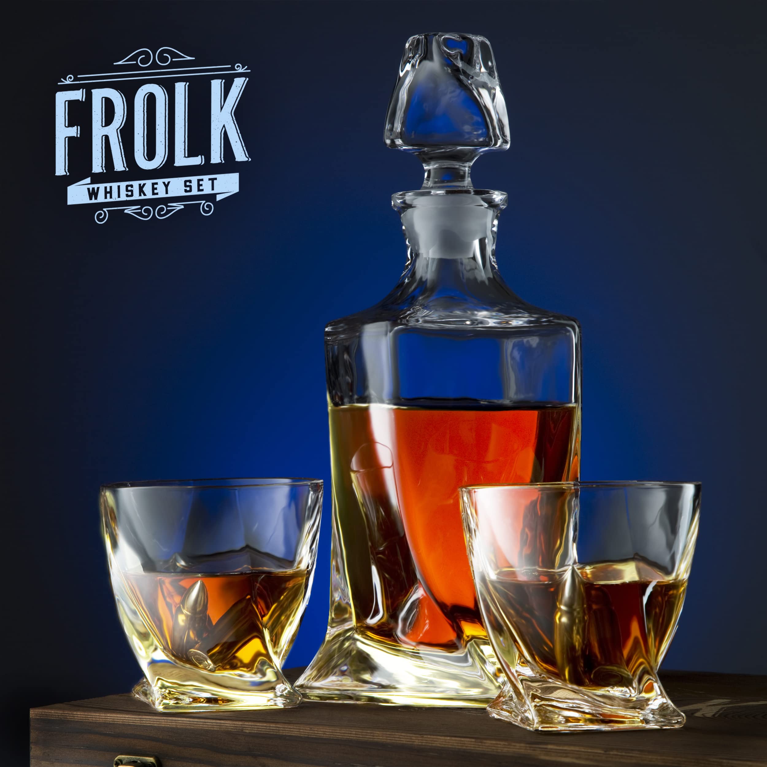 Premium Whiskey Decanter Set with 2 Glasses & 10 Stainless Steel Ice Stones - Elegant Wooden Gift Box for Men, Includes 2 Slate Coasters, Tongs & Freezer Pouch - Perfect for Home Bars, Whiskey Tasting & Gifts for Whiskey Lovers