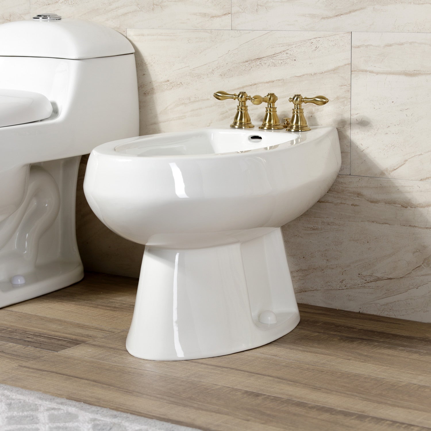 KB327ACL Brushed Brass 3-Handle Deck Mount Bidet Faucet with Vertical Spray & Brass Pop-Up - Perfect for Modern Bathrooms, Powder Rooms & Luxury Home Upgrades