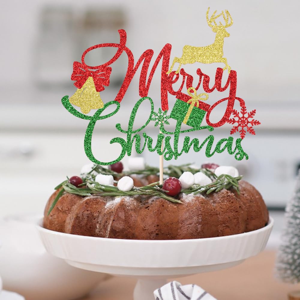 Festive Christmas Cake Topper - Red & Green Glitter Cake Decorations for Holiday, New Year & Birthday Parties | Perfect for Christmas Desserts, Cupcakes & Celebration Cakes