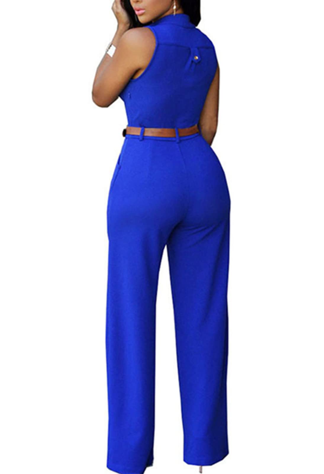 Women's Solid Color Deep V-Neck Button Down High Waist Jumpsuit with Belt - Wide Leg Romper for Casual Wear, Office Outfits & Summer Fashion