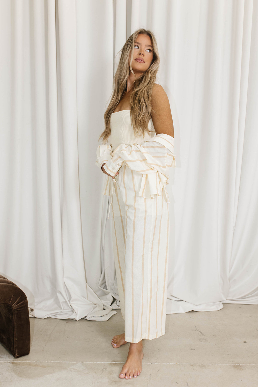 Rowan Pants in Beige Stripe - Women's High-Waisted Casual Trousers with Comfort Stretch | Perfect for Office, Travel & Everyday Wear