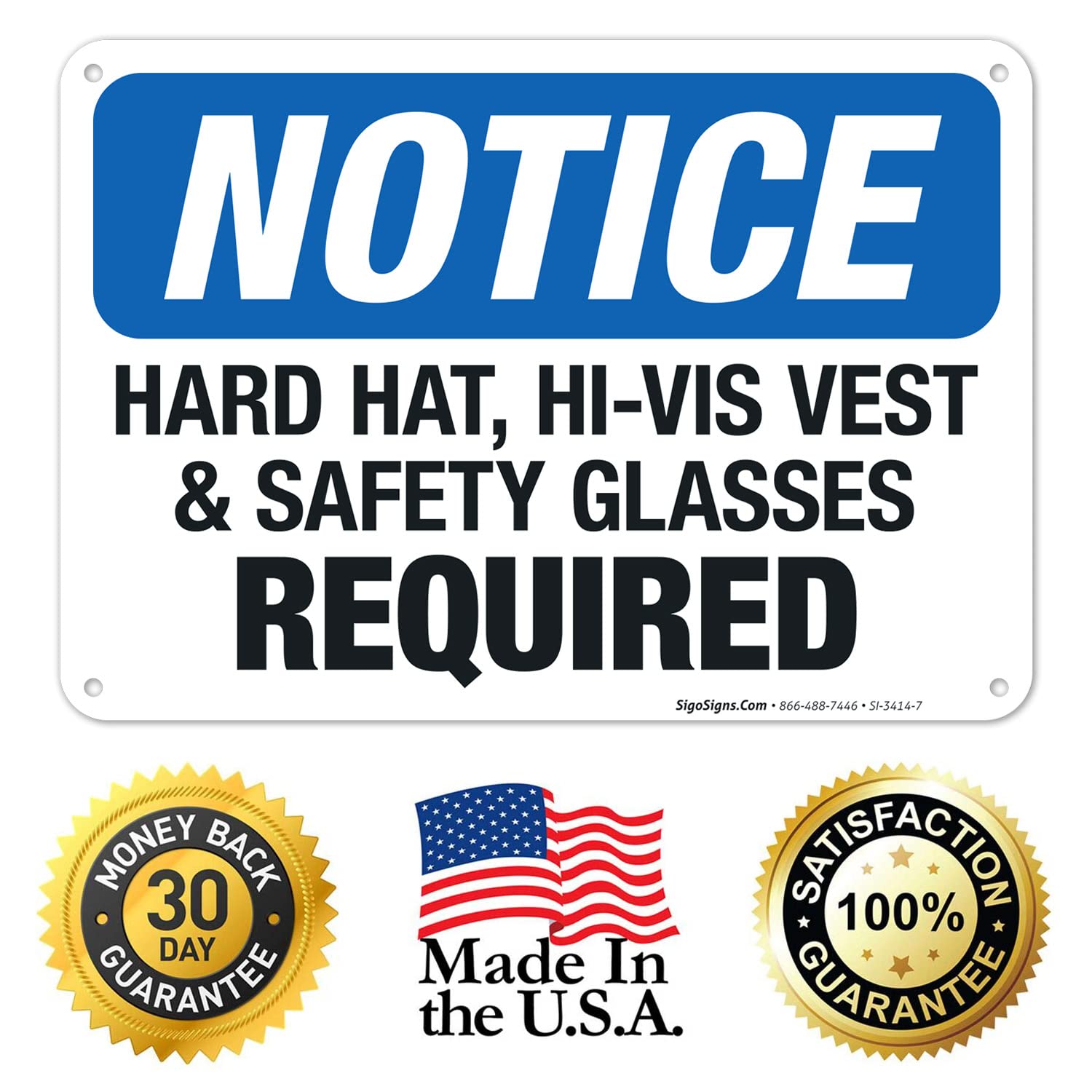 OSHA Compliant Hard Hat Hi-Vis Vest & Safety Glasses Required Sign - 10x7 Inches Rust-Free .040 Aluminum - Fade Resistant for Indoor/Outdoor Use - Made in USA - Perfect for Construction Sites, Warehouses & Industrial Safety Areas