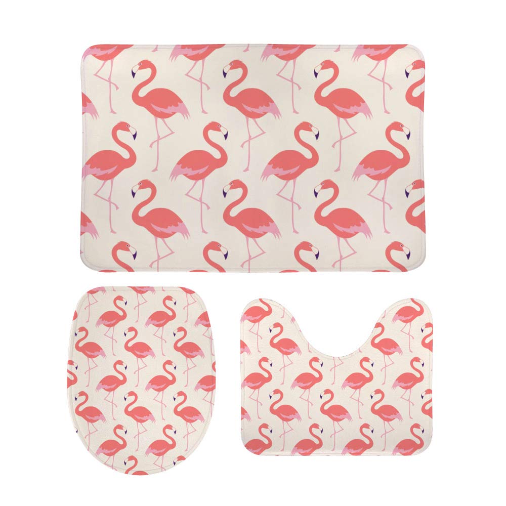 QAZPL 3-Piece Flamingo Bathroom Rug Set - Pink Non-Slip Contour Toilet Mat, U-Shaped Bathtub Rugs & Washable Floor Mats | Soft Bath Mats for Toilet, Shower & Bathtub Areas