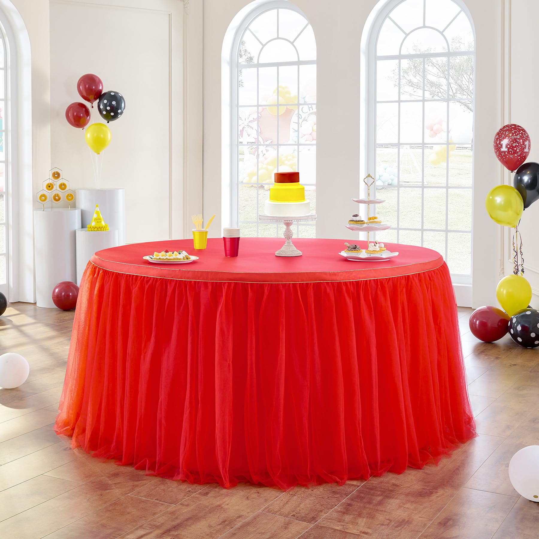 Under5Zero 2-Layer Gold Grim Ruffle Tulle Tutu Table Skirt for Rectangle Tables (6ft & 4ft) - Perfect for Christmas, Birthday Parties, Baby Showers, Cake & Dessert Tables - Elegant Table Decor for Weddings, Banquets & Special Events