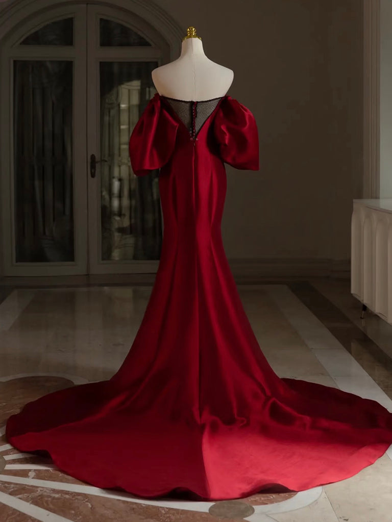 Elegant Burgundy Puff Sleeve Satin Long Prom Dress | Formal Evening Gown for Women | Perfect for Homecoming, Ball, and Special Occasions