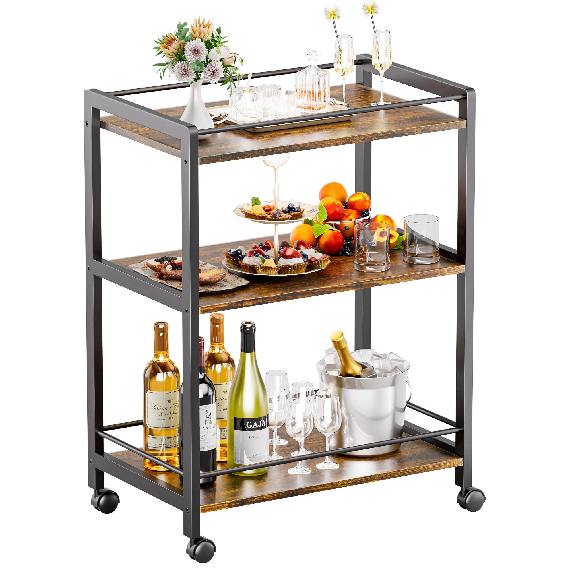 3-Tier Rolling Bar Cart with Wheels & Storage Shelves - Rustic Brown & Black Home Bar Serving Cart for Kitchen, Dining & Living Room | Perfect for Entertaining, Cocktail Parties & Beverage Storage