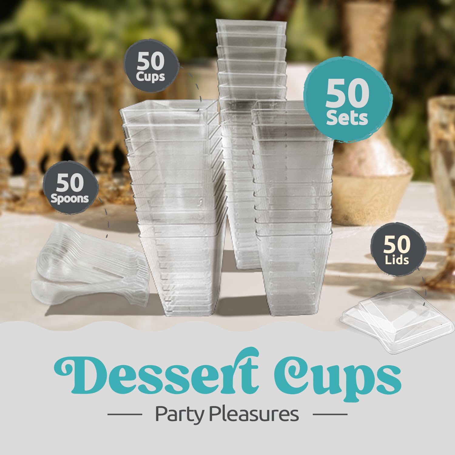 5 oz Plastic Dessert Cups with Lids and Spoons (50 Pack) - Reusable Parfait Cups for Mousse, Tiramisu, Pudding, Salads & Party Appetizers - Perfect for Catering, Weddings, Birthday Parties & Picnics