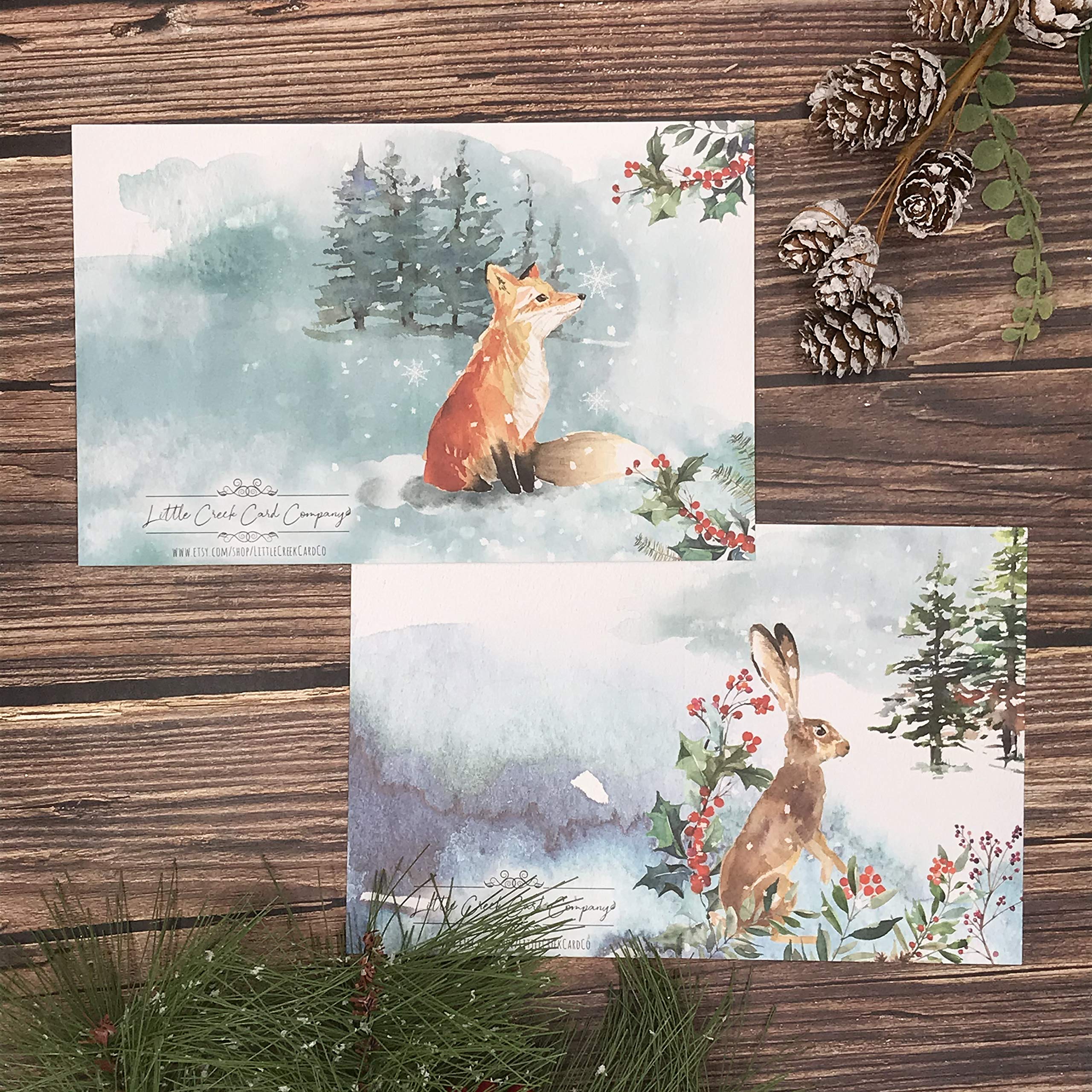 Premium Watercolor Winter Woodland Animal Note Card Set - Fox & Hare Holiday Christmas Cards - Luxury Gift for Friends, Family & Coworkers - Perfect for Holiday Greetings, Thank You Notes & Seasonal Wishes