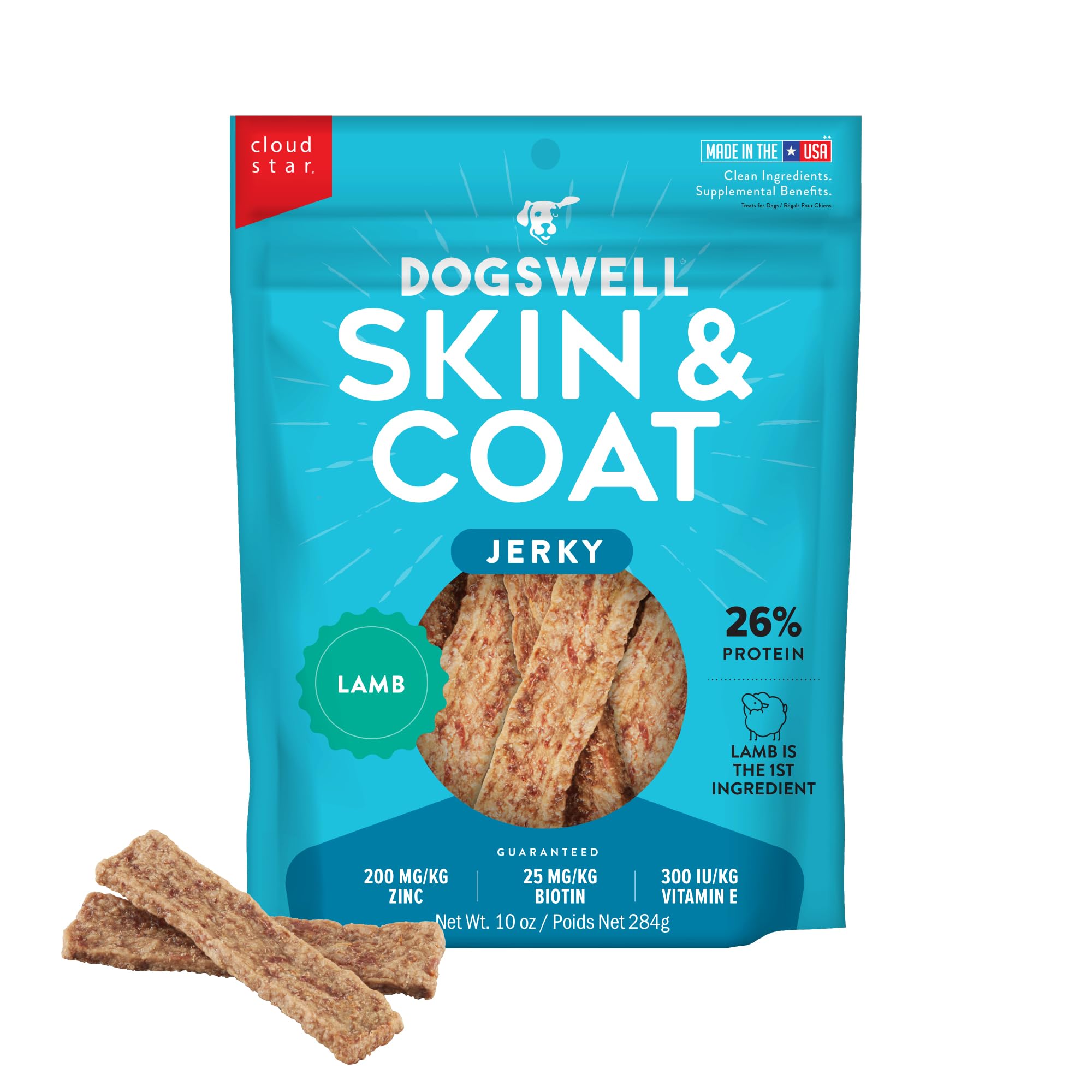 Premium Dogswell Jerky Skin & Coat Support Treats - Natural Lamb Flavor Dog Snacks for Healthy Skin & Shiny Coat (10oz) - Perfect for Training Rewards & Daily Supplements