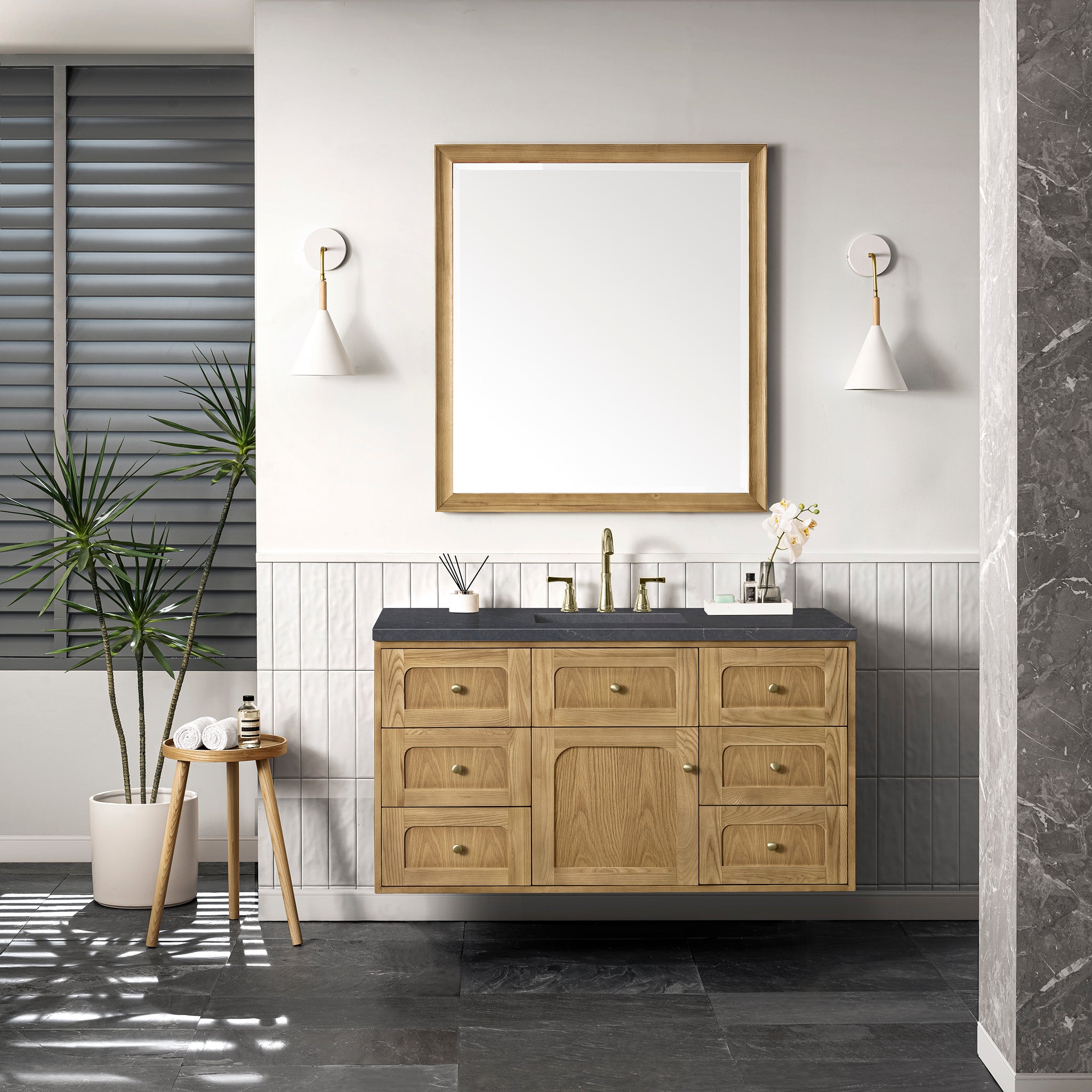 Laurent 48 Inch Single Bathroom Vanity with Light Natural Oak Finish & 3CM Charcoal Soapstone Top - Perfect for Modern Master Bathrooms and Powder Rooms
