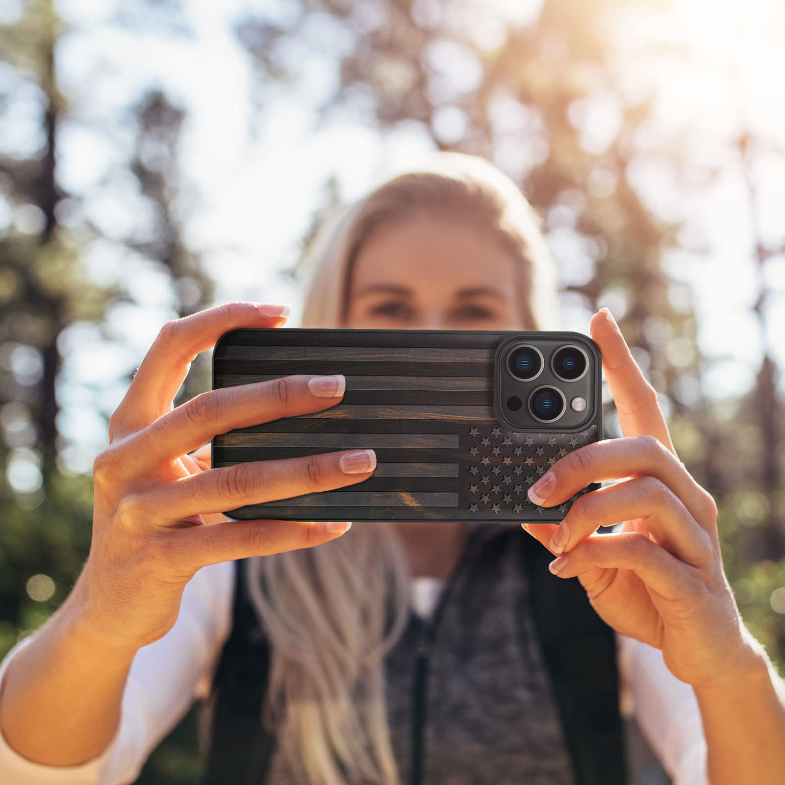 Carveit Magnetic Wood Case for iPhone 13 Pro - Hard Real Wood & Soft TPU Hybrid Protective Cover - Shockproof, Slim & Stylish - MagSafe Compatible - American Flag Blackwood Design - Perfect for Outdoor, Office & Everyday Use