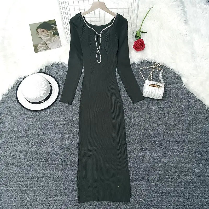 2024 French Square Neck Long Sleeve Knit Dress for Women - Elegant Solid Diamond Office Dress for Autumn Winter | Perfect for Work, Parties & Formal Occasions