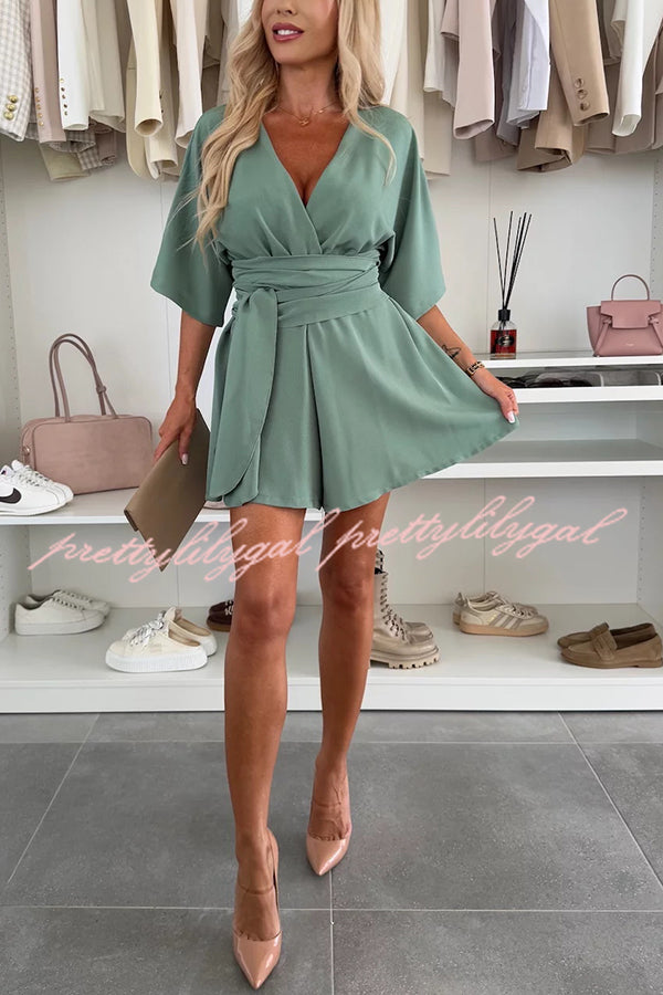 Stylish Comfortable V-Neck Wide Sleeve Tie-Up Loose Romper for Women - Summer Casual Outfit, Beach Cover-Up, Lounge Wear, and Vacation Essentials