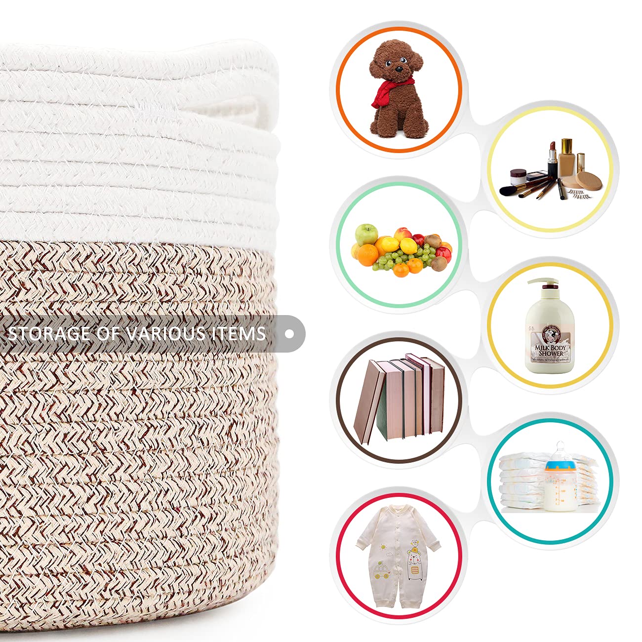 Round Woven Rope Basket with Handle - 9.5x9.5x7.1 Inch Cotton Storage Basket for Nursery, Shelf & Home Decor - Brown Beige Mixed Design - 8.2L Capacity - Perfect for Baby Room Organization, Bathroom Towels & Living Room Storage